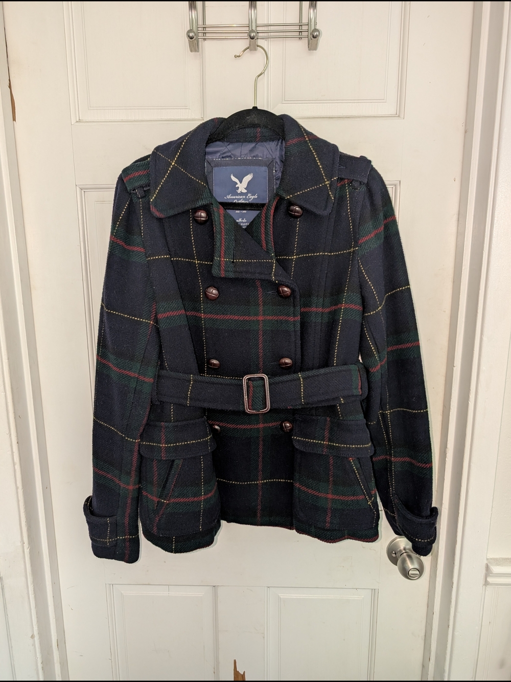*MOVING SALE* American Eagle Outfitters Wool Blend Navy Plaid Peacoat - Picture 1 of 4